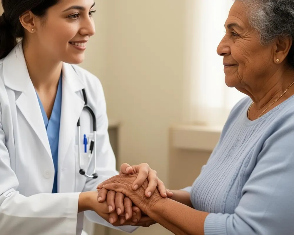 Clinician talking with a patient during a check-up